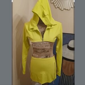 Club Exx Bunny Ear Neon Yellow Crop Hoodie And Skirt Set